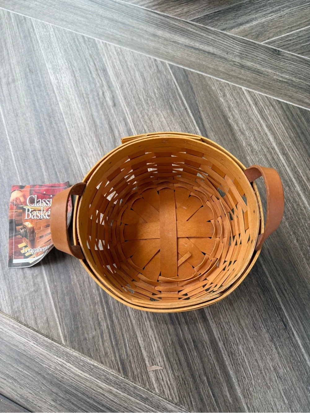 Longaberger Brown Woven Basket Pair with Leather Handles